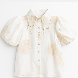 Elegant Pearl-Embroidered Puff Sleeve Shirt