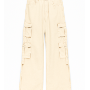 Urban Utility Wide-Leg Cargo Jeans – Beige